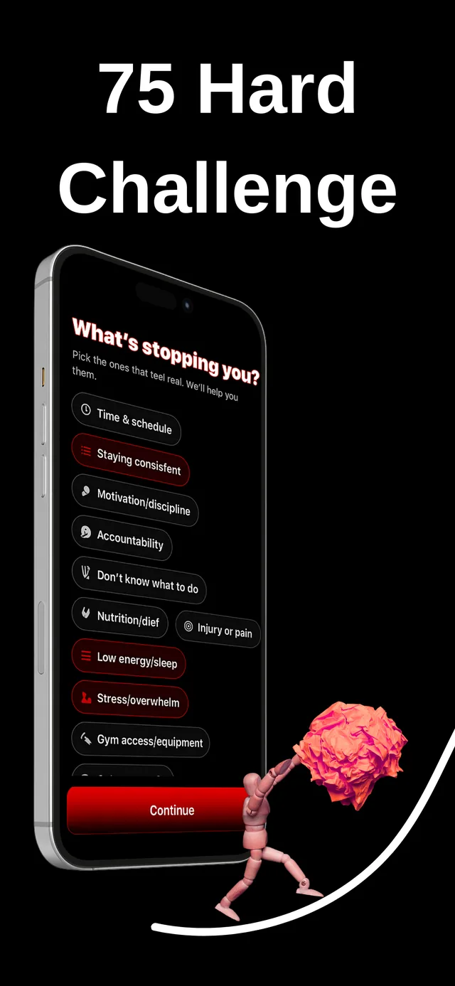 75 Hard challenge app onboarding screen asking what's stopping you, with options like time, consistency and motivation