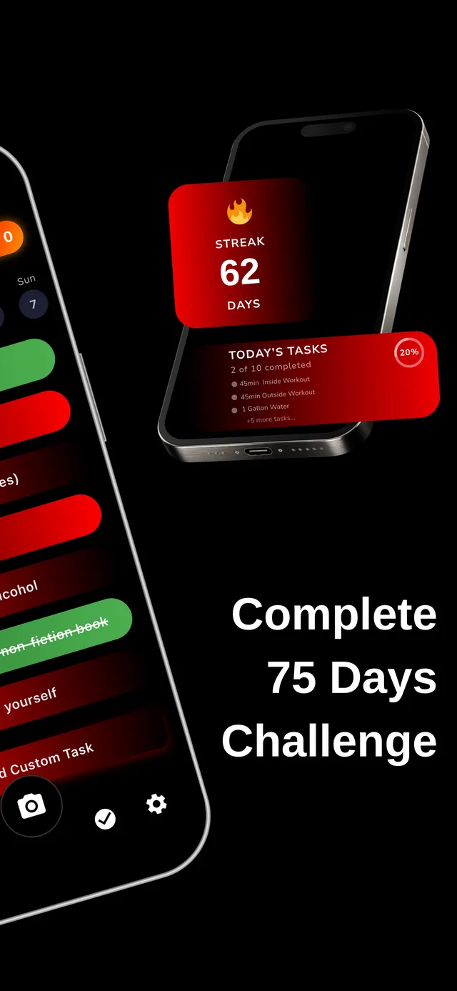 75 Hard app home screen widget showing a 62-day streak and today's completed tasks
